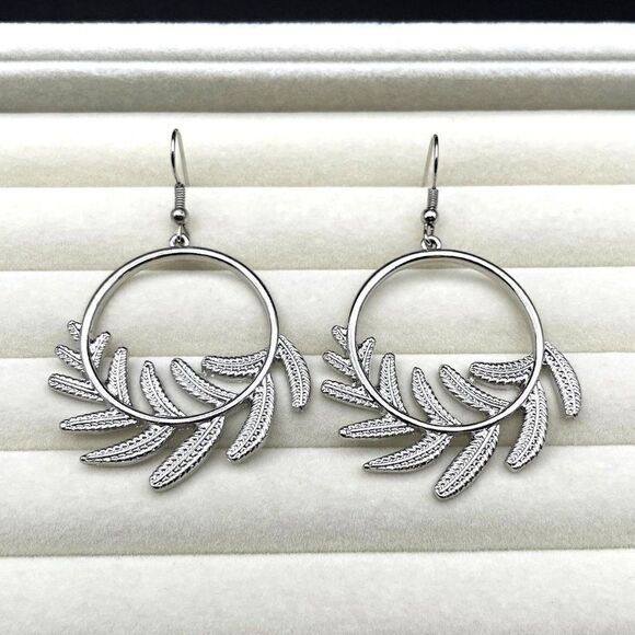 Silver Round Circular Open Hoop Fern Leaf Dangling Drop Hook Earrings - Picture 3 of 8